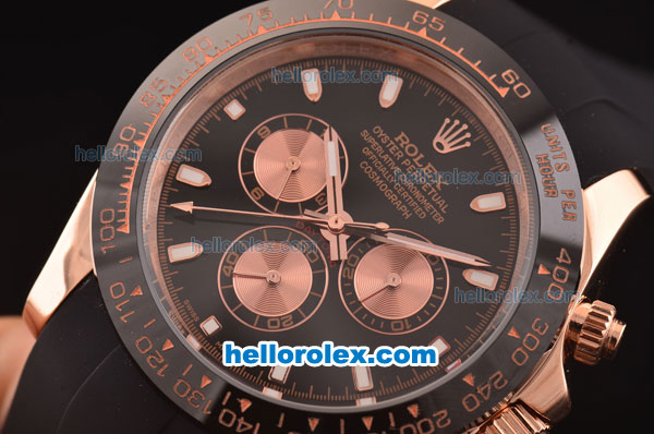 Rolex Daytona Asia 3836 Automatic Rose Gold Case - PVD Bezel with Black Dial and Black Rubber Strap - 7750 Coating - Click Image to Close